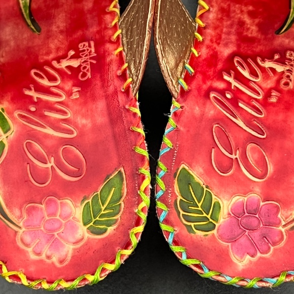 Corkys Elite Artsy Mule Heels Red Leather Floral Slip On Heeled Sandal Size 9 - Picture 11 of 16